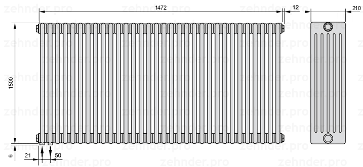 Схема (чертеж) Радиатор Zehnder Charleston 6150/32 №3370 Белый глянцевый RAL 9016